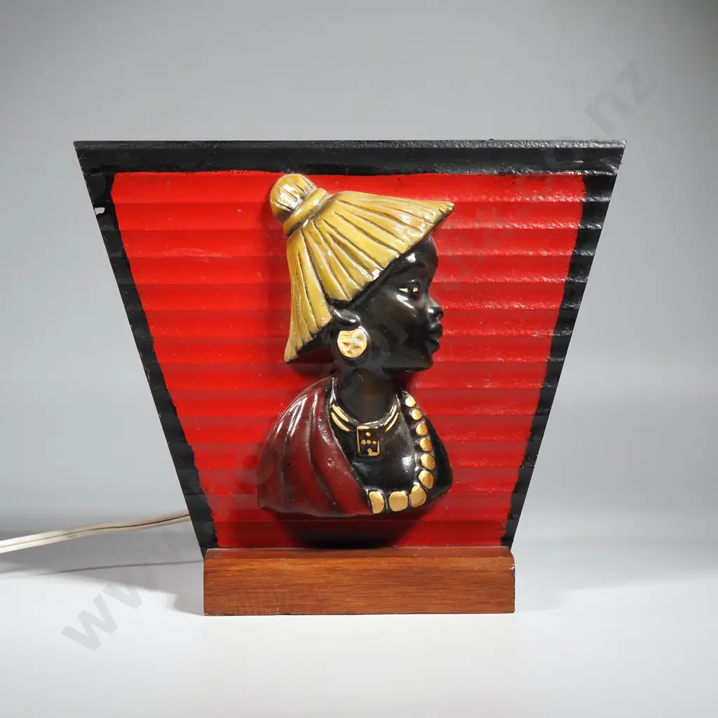 Vintage Lamp with Applied Plaster Figure Featuring An African Female Bust In Profile Image 1++