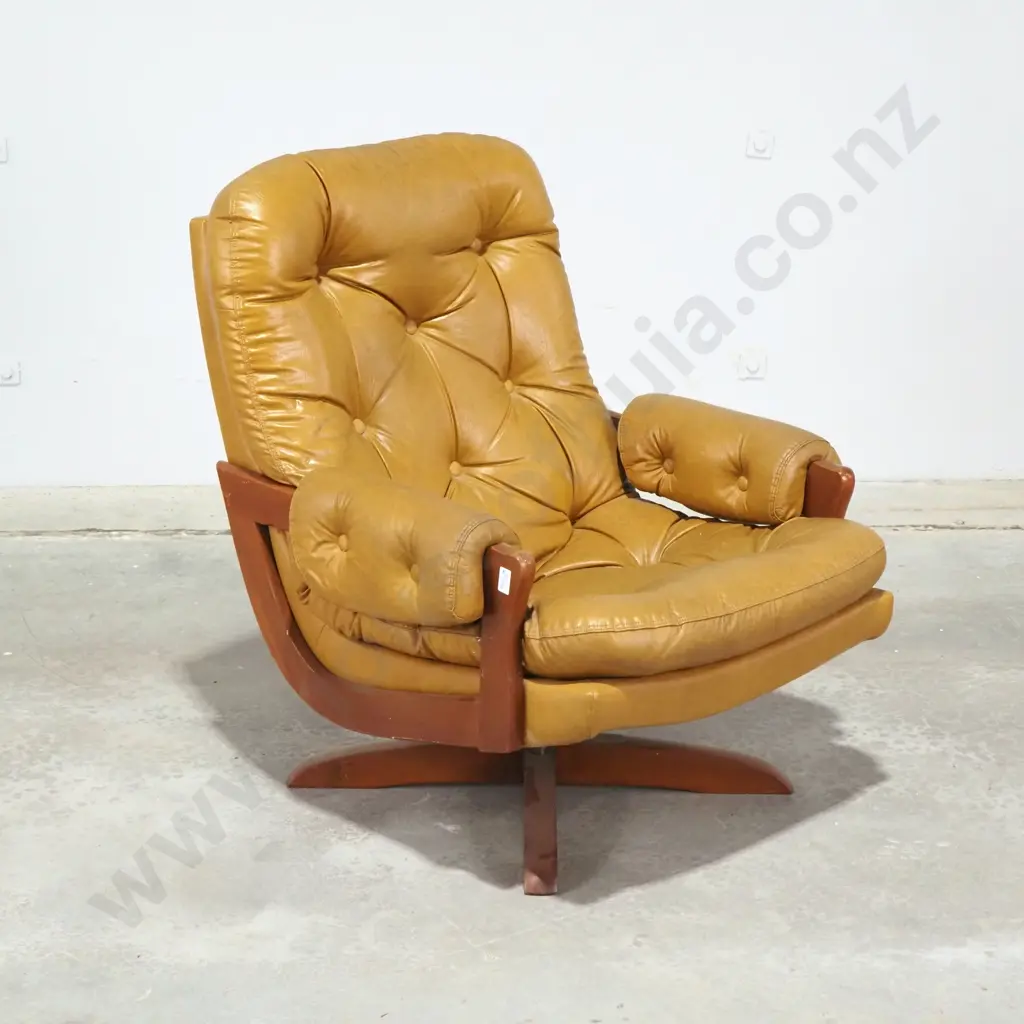 Mid Century Modern Buttoned Swivel  Armchair In Mustard Image 1++