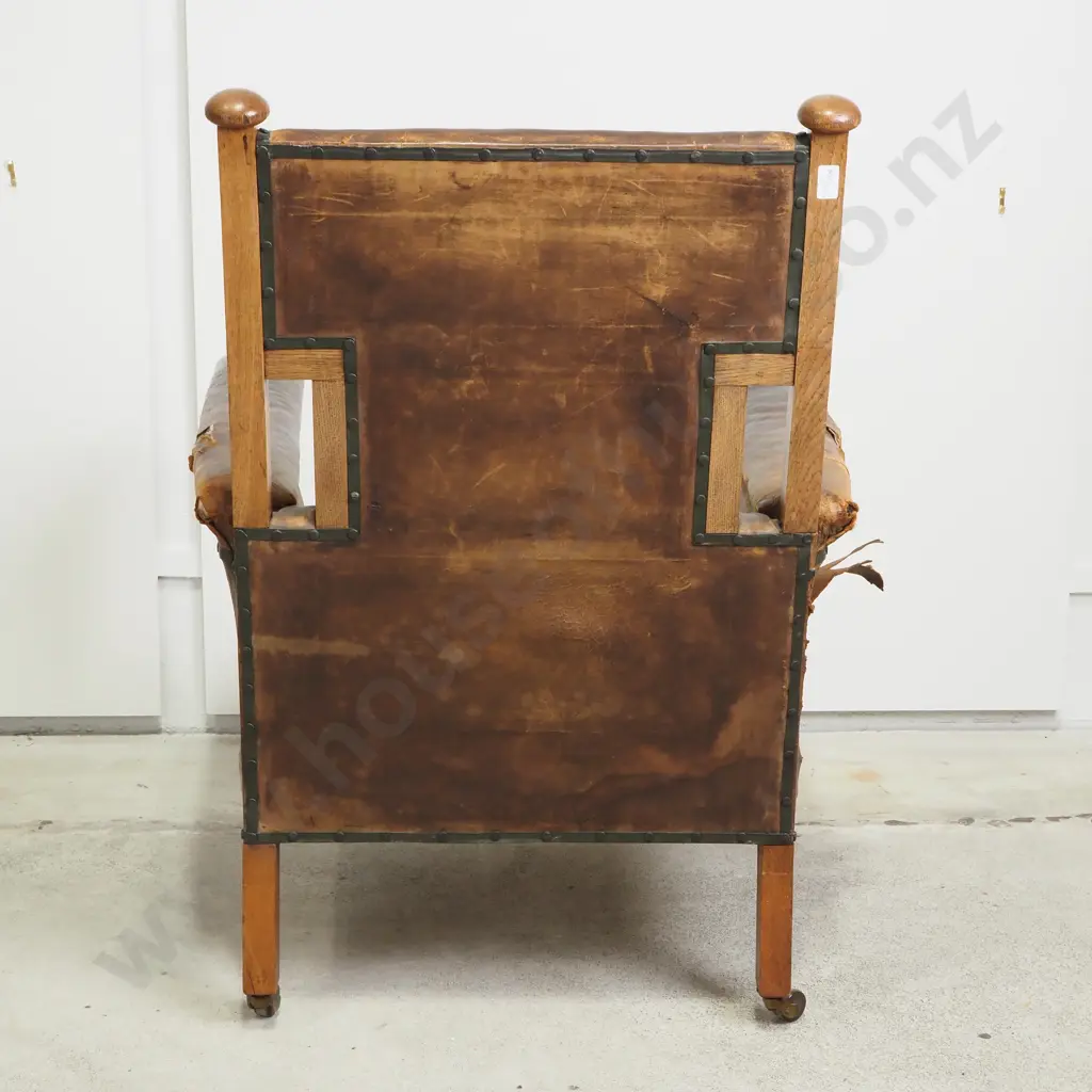 Arts & Crafts Style Oak & Leather Fireside Chair Image 1++
