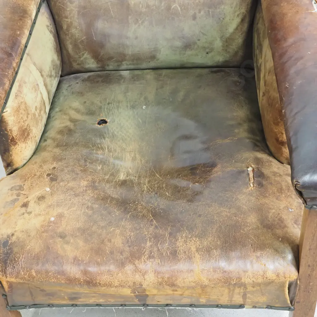 Arts & Crafts Style Oak & Leather Fireside Chair Image 1++