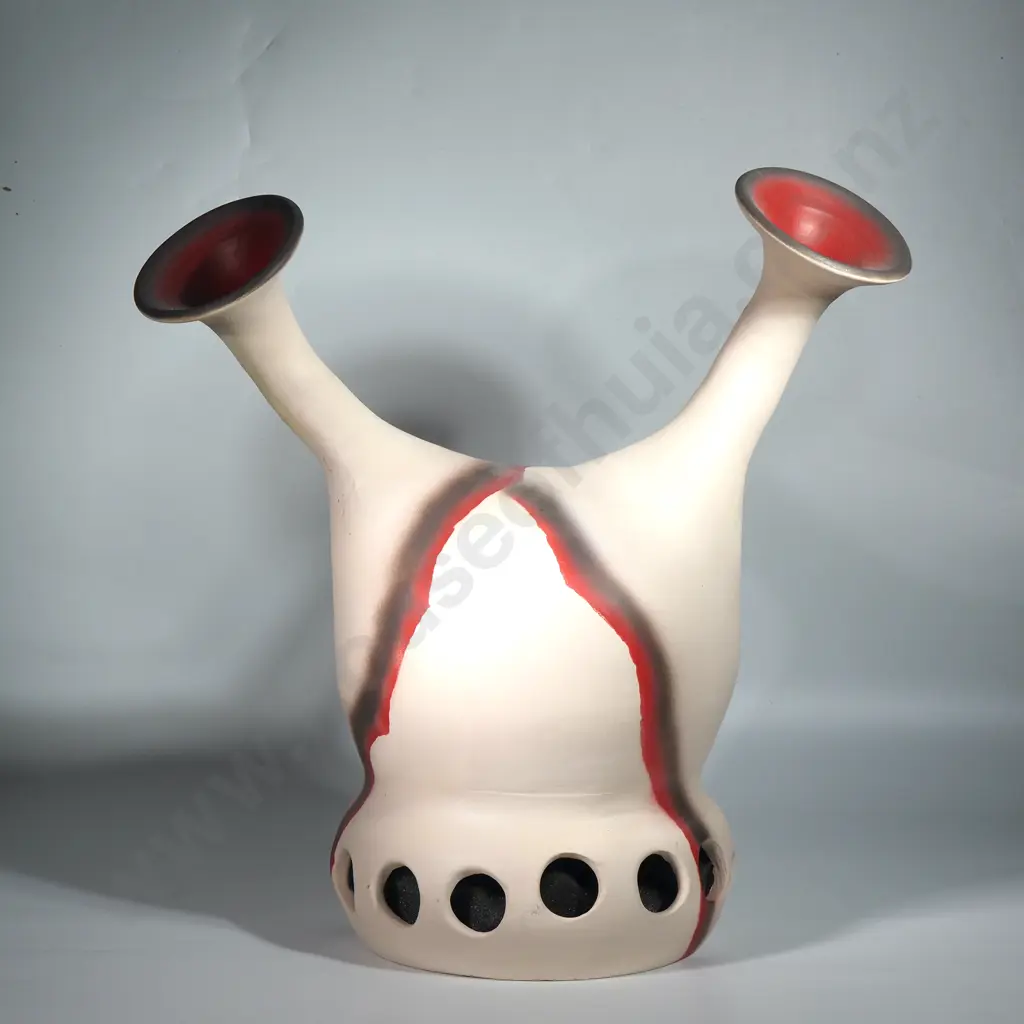 Two Unique Handmade Ceramic Speakers - Red & Black on Cream Ground. Image 1++