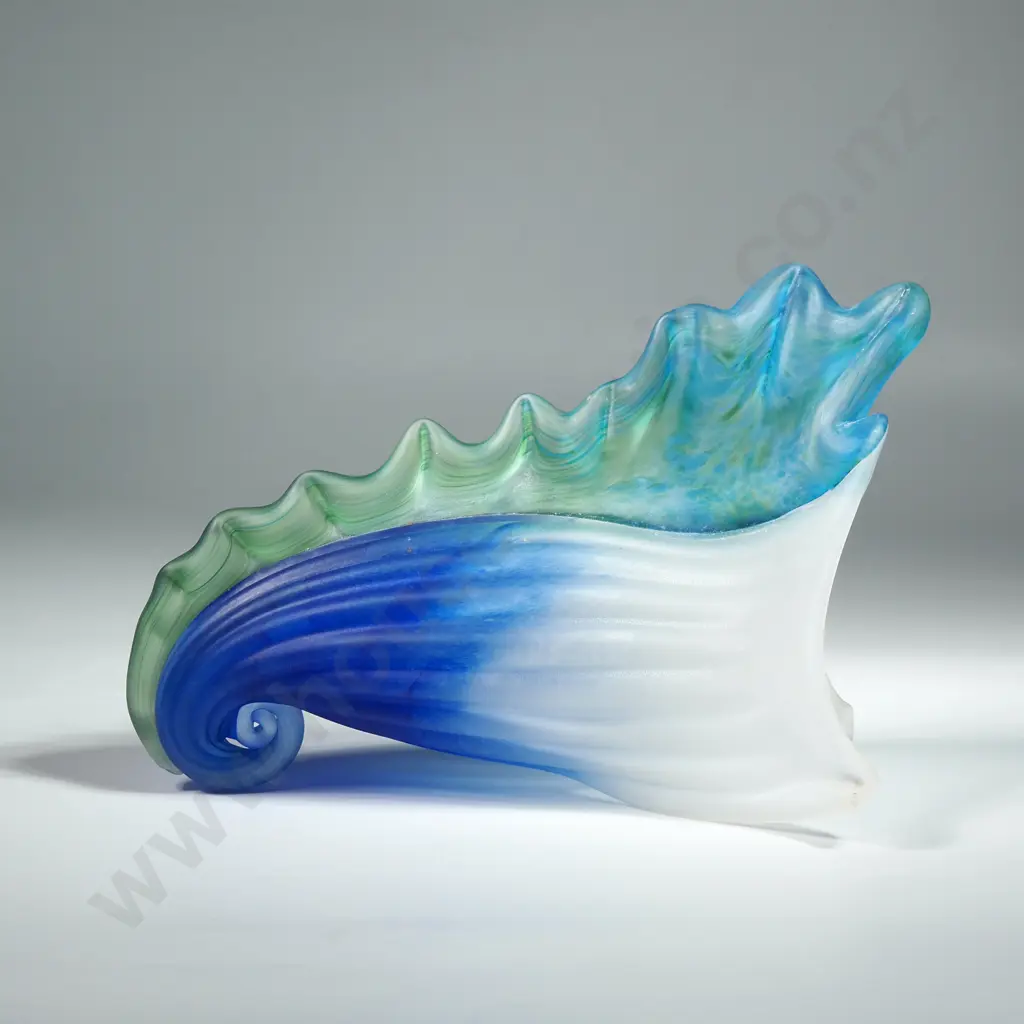 Decorative Blue & White Cased Art Glass Vase Shaped as a Cornucopia Image 1++