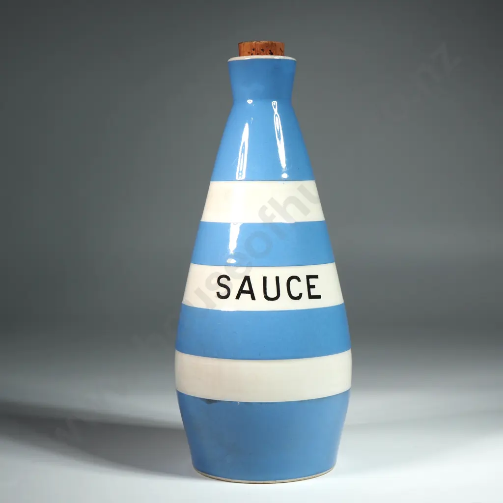 T G Green Vintage Cornishware Sauce Bottle w Cork. Marked 'Sauce' w Green Stamp Image 1++