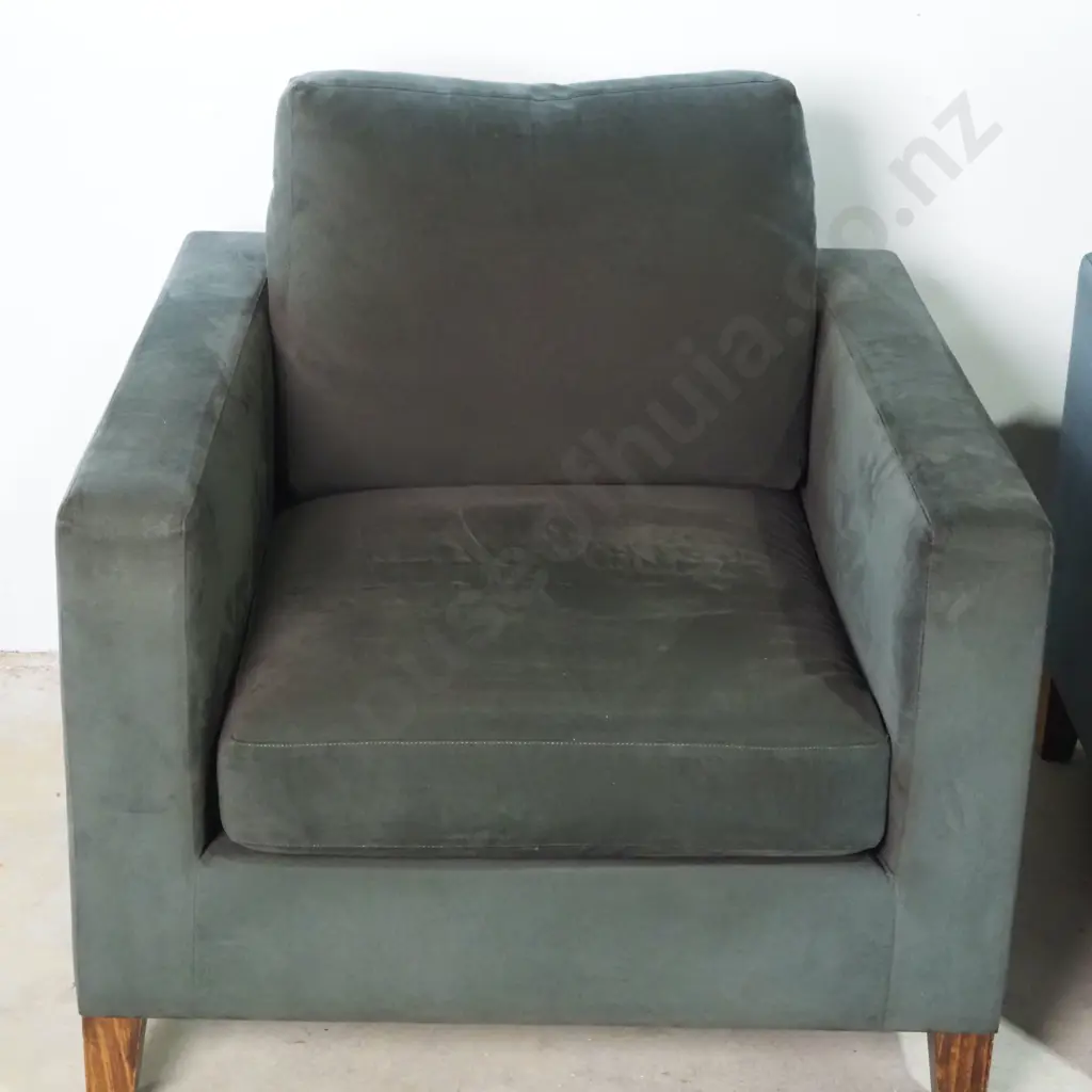 Pair Of Modern Square Form  Armchairs Upholstered In Velvet  Image 1++