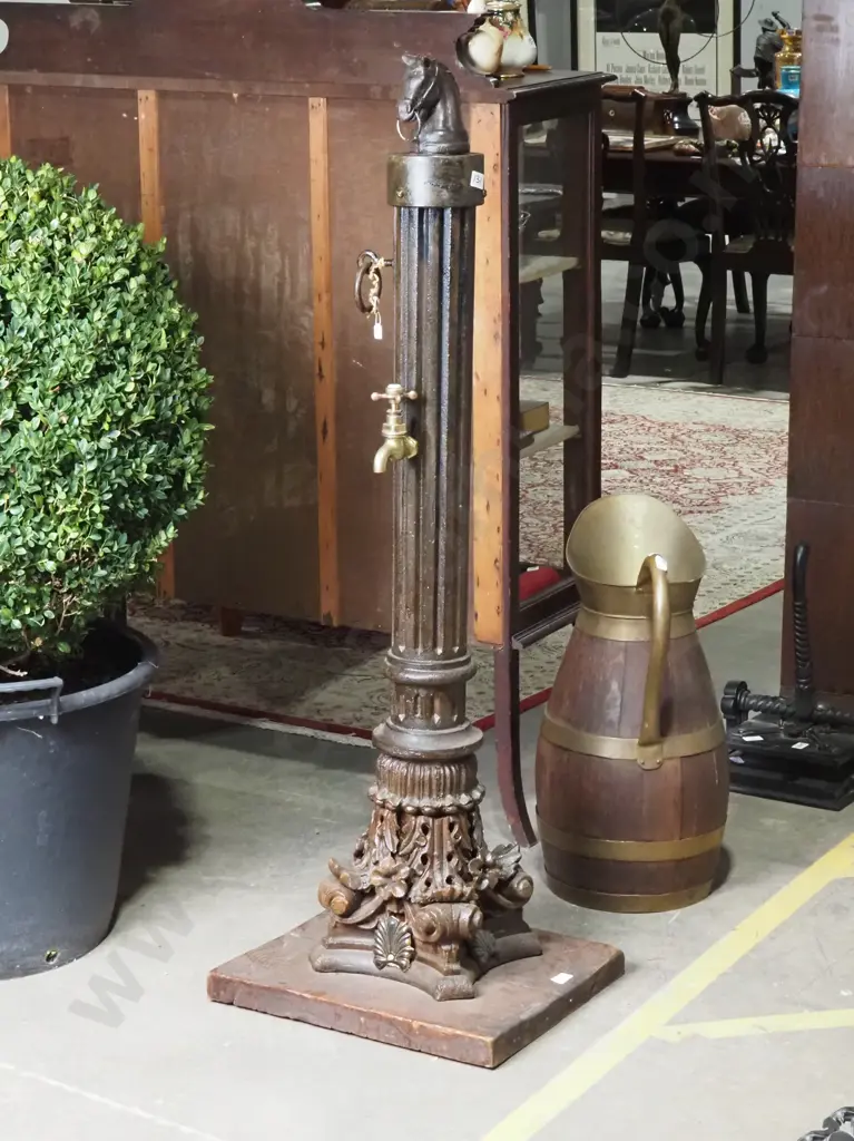 Antique Cast Iron Hitching Post in the Form of a Corinthian Column w Horse Figure Atop & a Brass Tap Image 1++