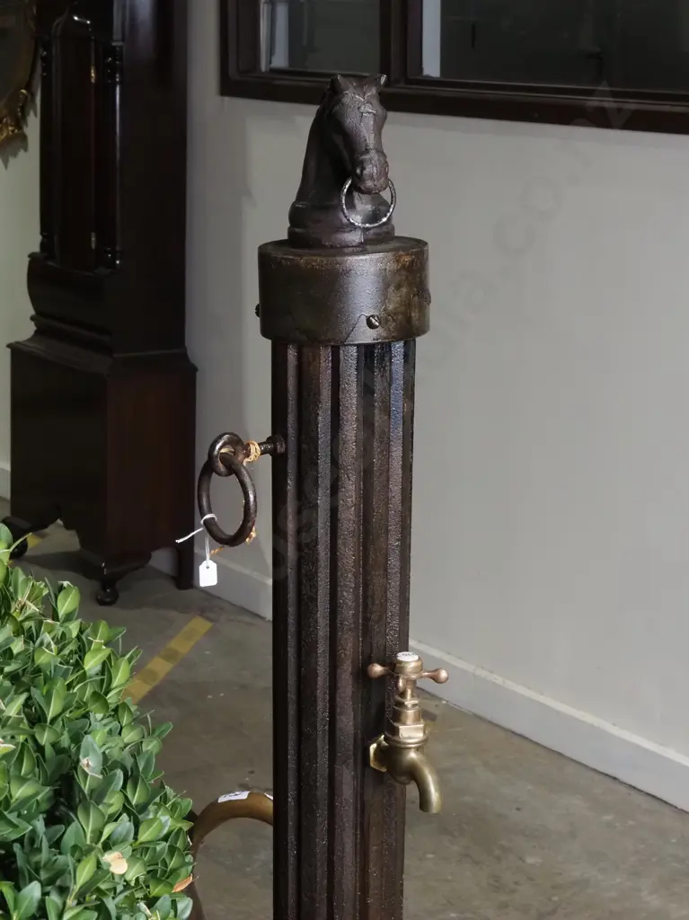 Antique Cast Iron Hitching Post in the Form of a Corinthian Column w Horse Figure Atop & a Brass Tap Image 1++