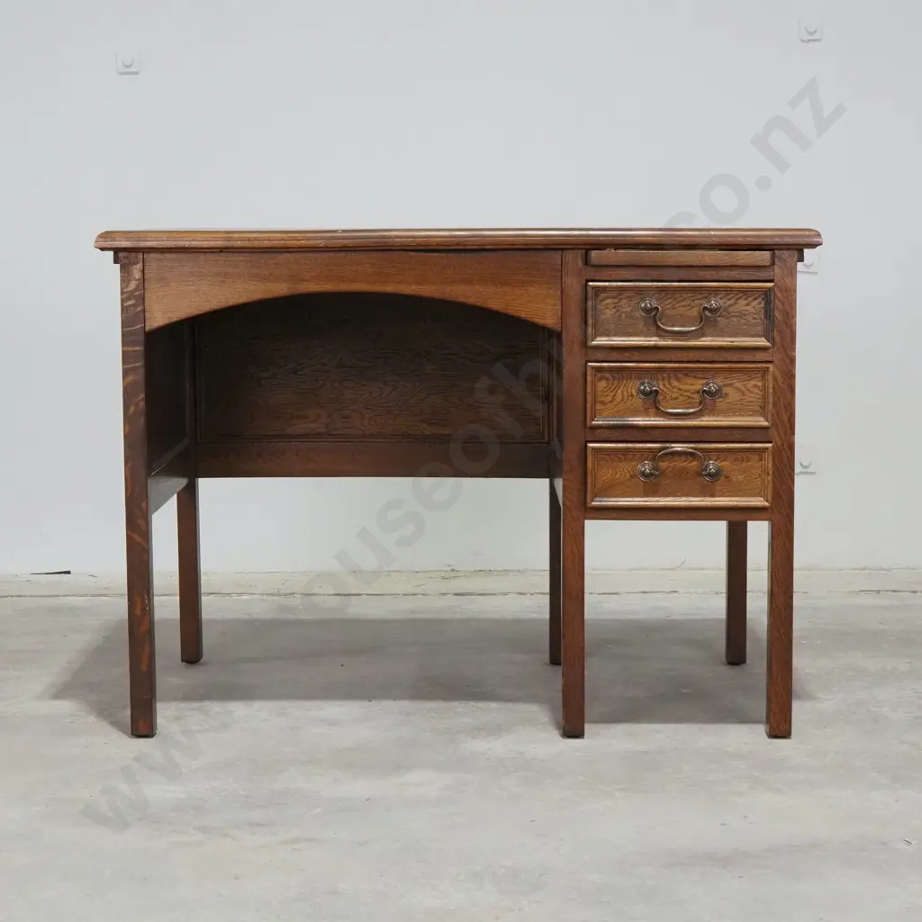 Vintage Oak Single Pedestal Bankers Desk of Small Proportions & Moulded Detail To Drawers & Frame Image 1++