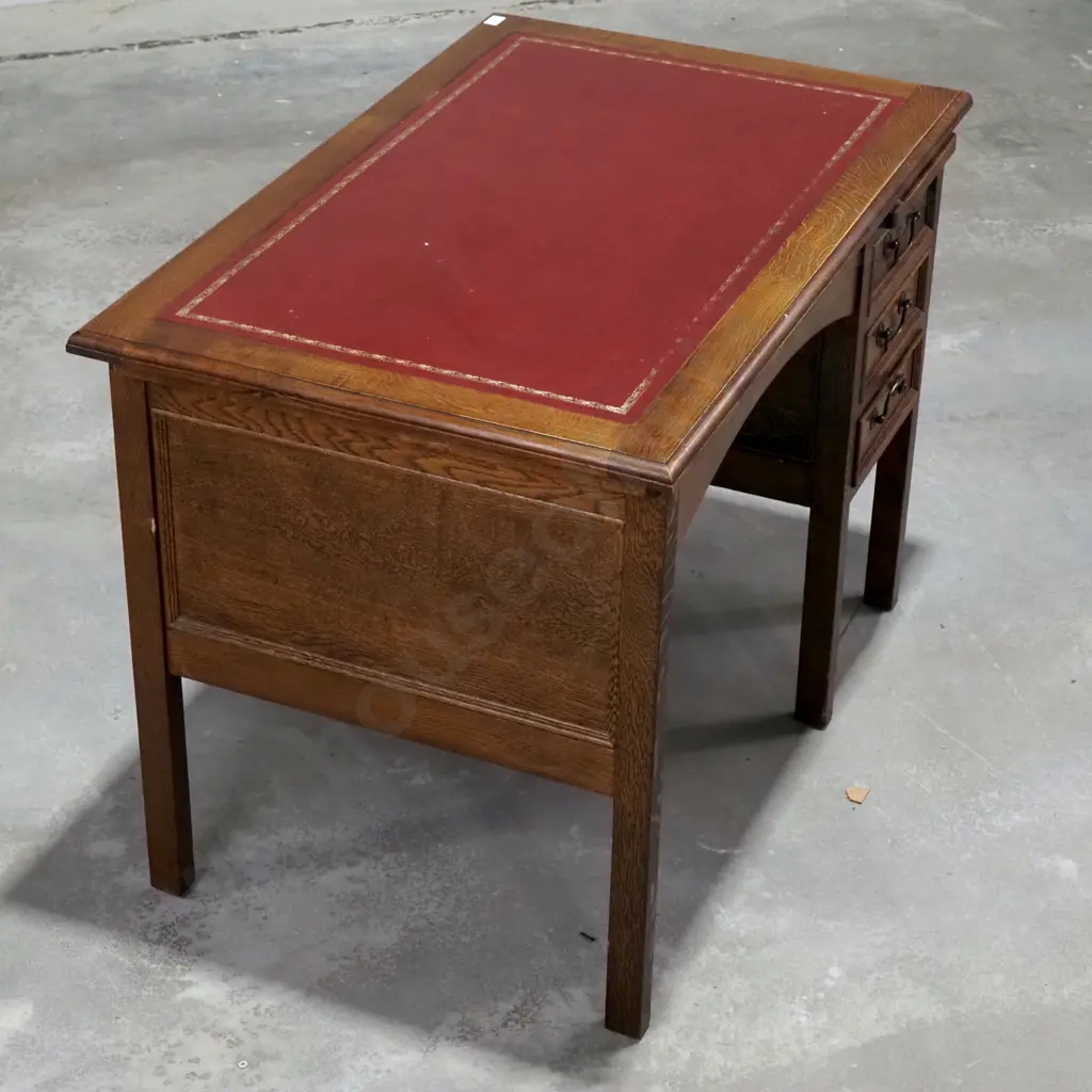 Vintage Oak Single Pedestal Bankers Desk of Small Proportions & Moulded Detail To Drawers & Frame Image 1++
