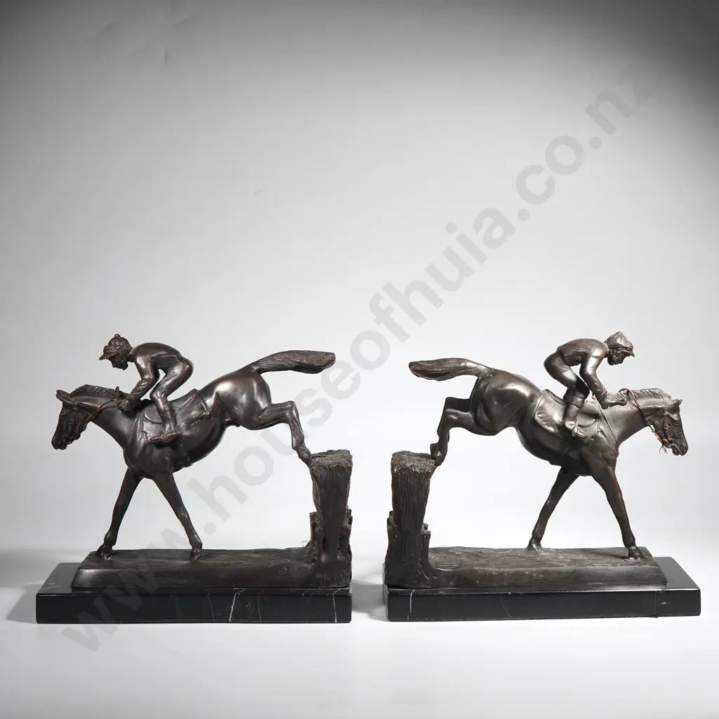 A Pair of Bronze Steeplechase Horse & Jockey Bookends Mounted on Marble Bases Image 1++