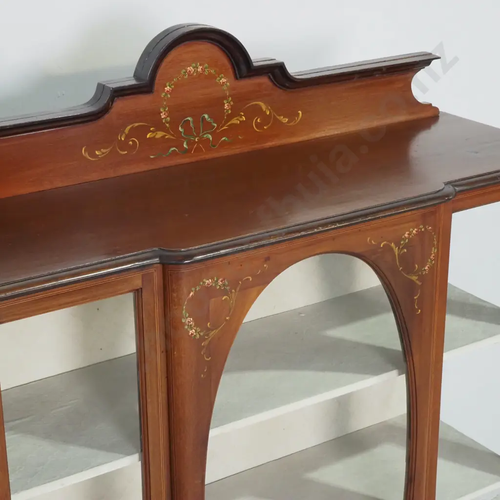 Edwardian Mahogany Display Cabinet w Painted Decoration & Glazed Doors Image 1++