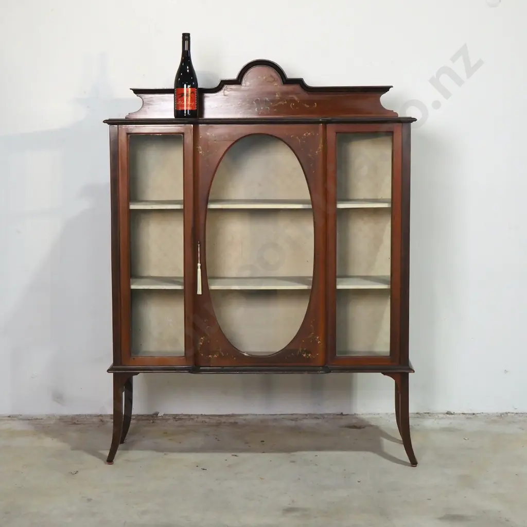 Edwardian Mahogany Display Cabinet w Painted Decoration & Glazed Doors Image 1++