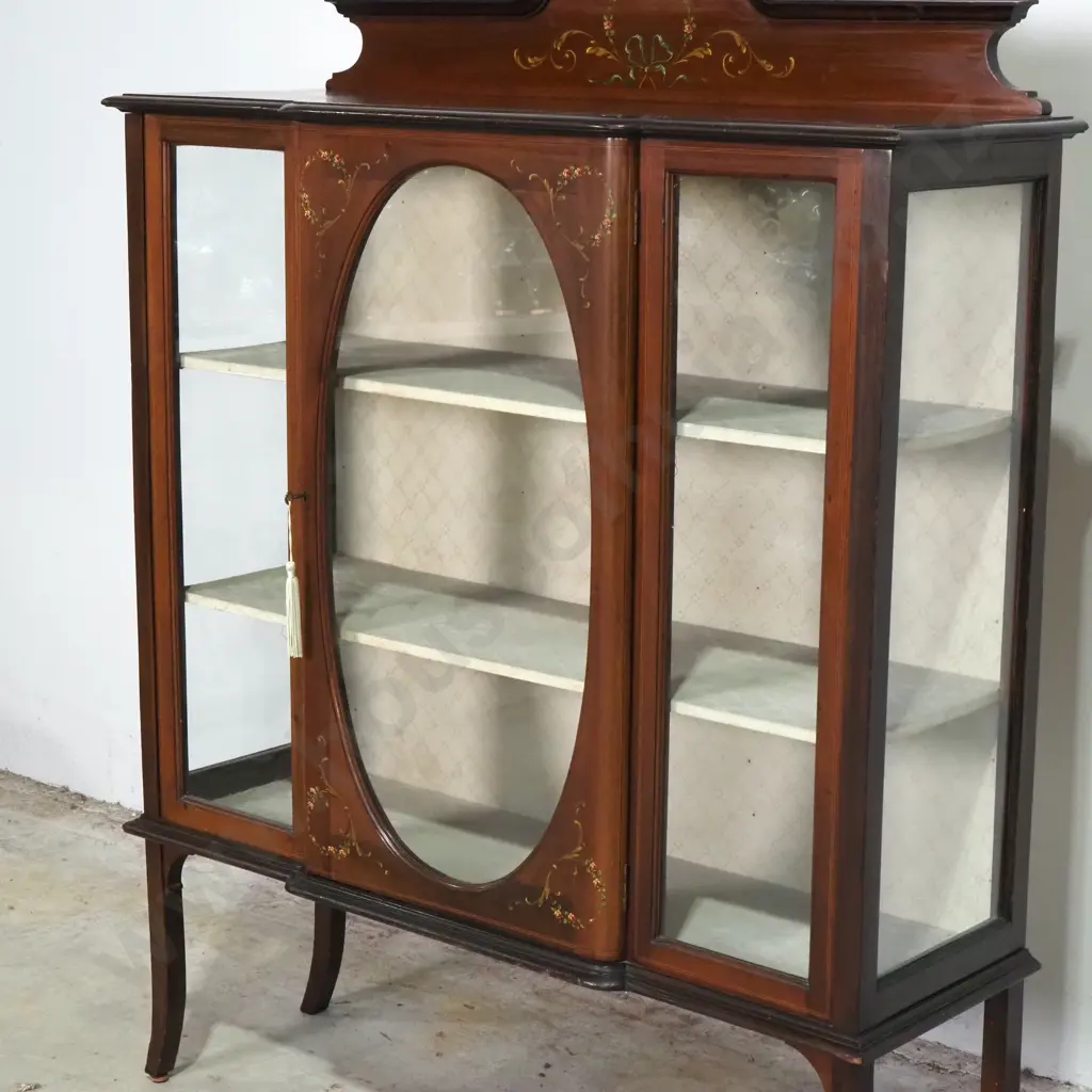Edwardian Mahogany Display Cabinet w Painted Decoration & Glazed Doors Image 1++