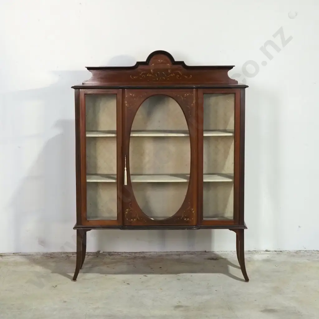 Edwardian Mahogany Display Cabinet w Painted Decoration & Glazed Doors Image 1++