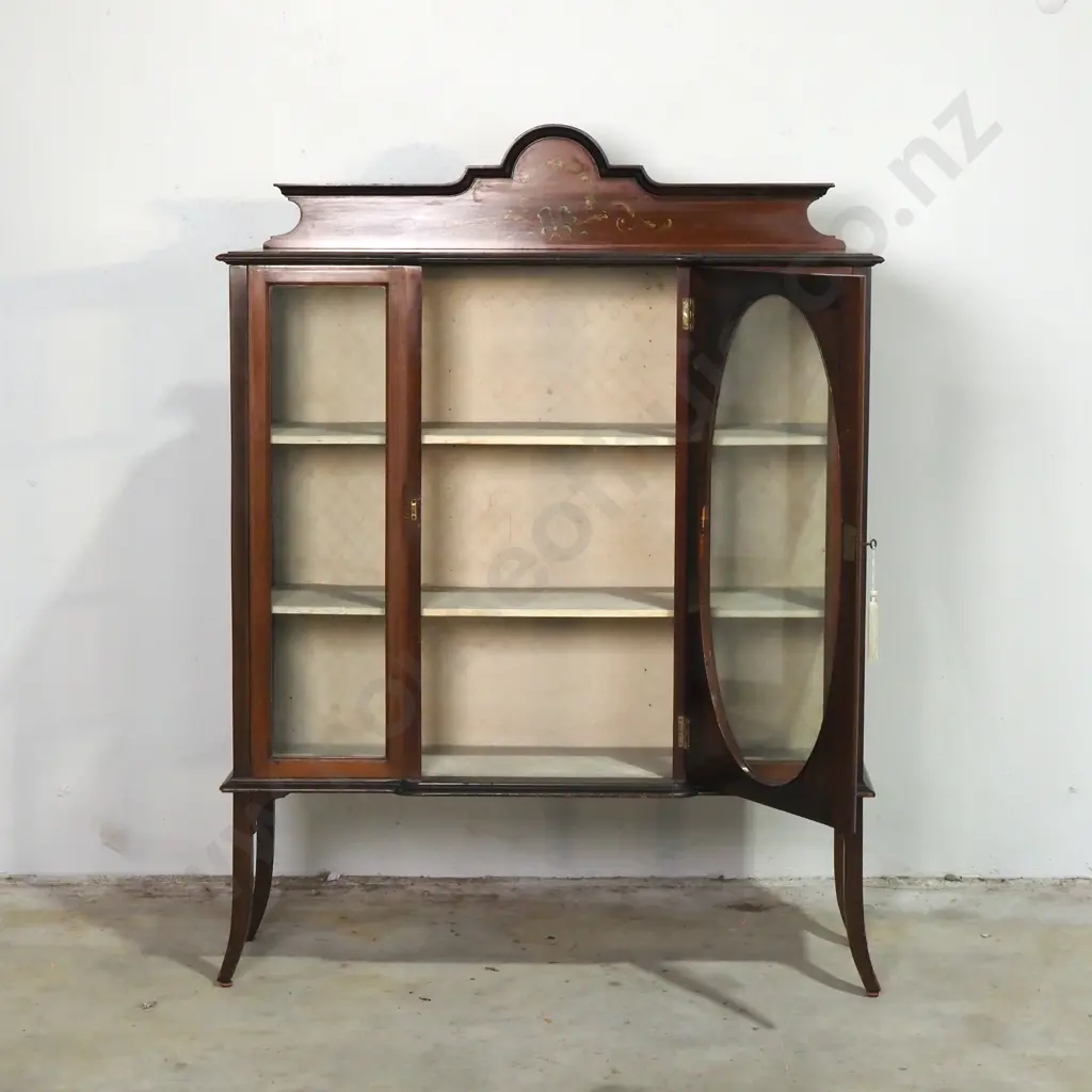Edwardian Mahogany Display Cabinet w Painted Decoration & Glazed Doors Image 1++