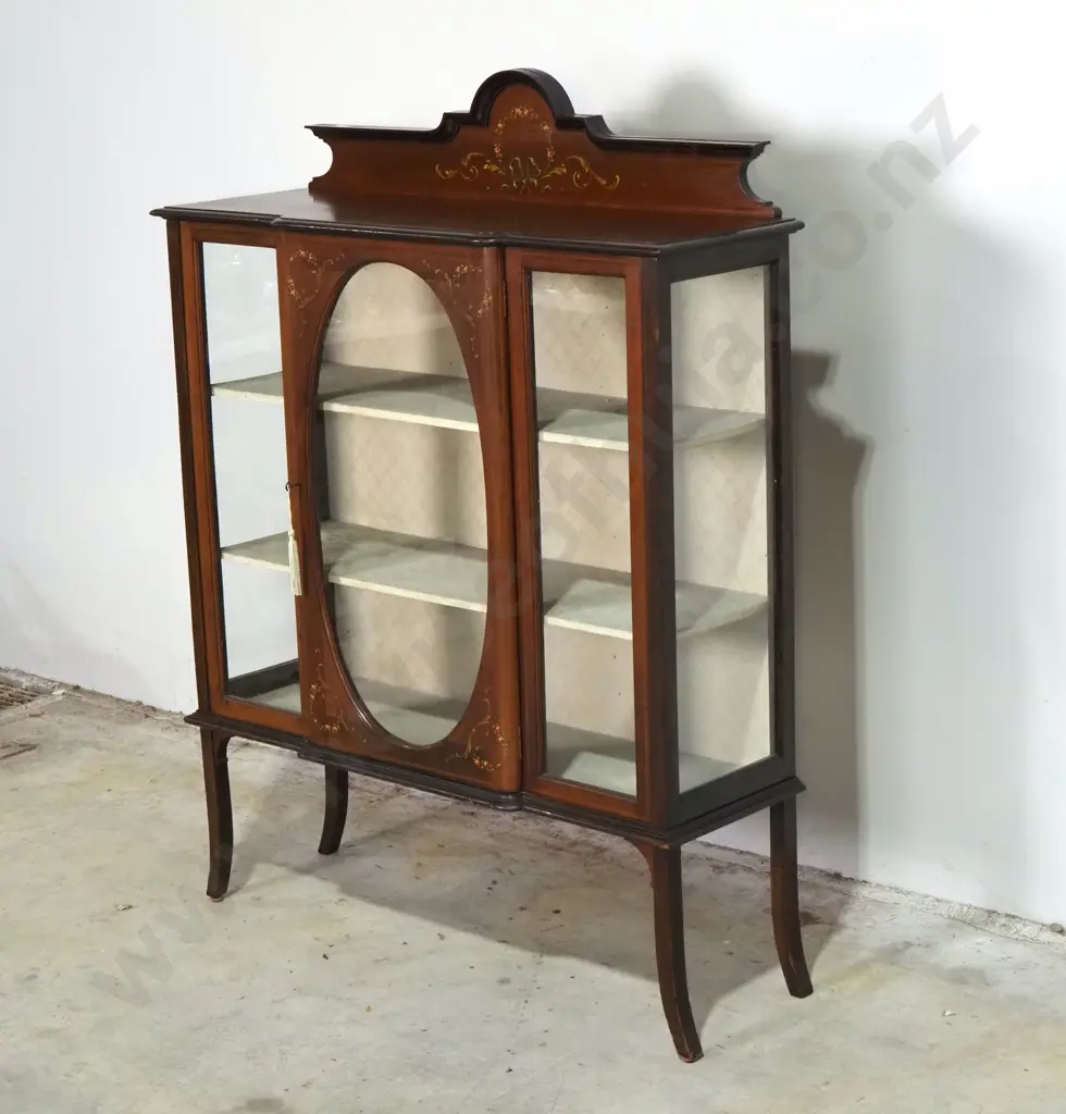 Edwardian Mahogany Display Cabinet w Painted Decoration & Glazed Doors Image 1++
