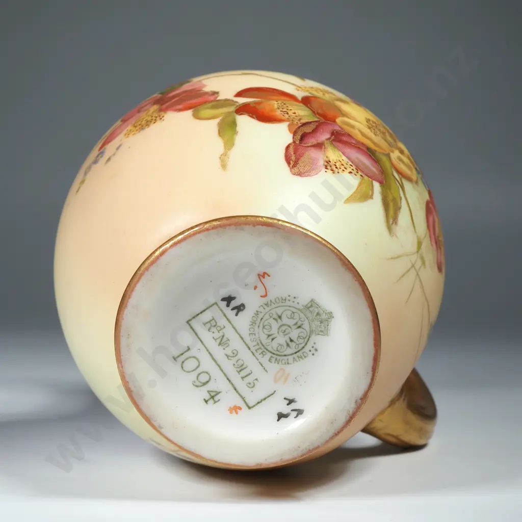 Royal Worcester Blush Ivory Hand Painted Floral Flatback Jug Marked 1094. Registered No. 29115 Image 1++