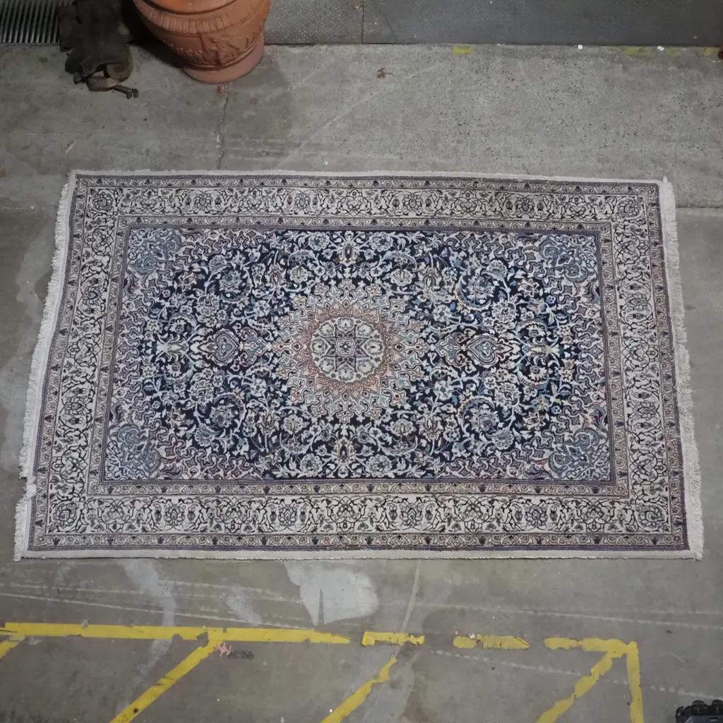 Nain Persian Rug Hand Knotted Form Wool & Silk & Having A Central Medallion Surrounded By Intricate Floral Motifs Image 1++