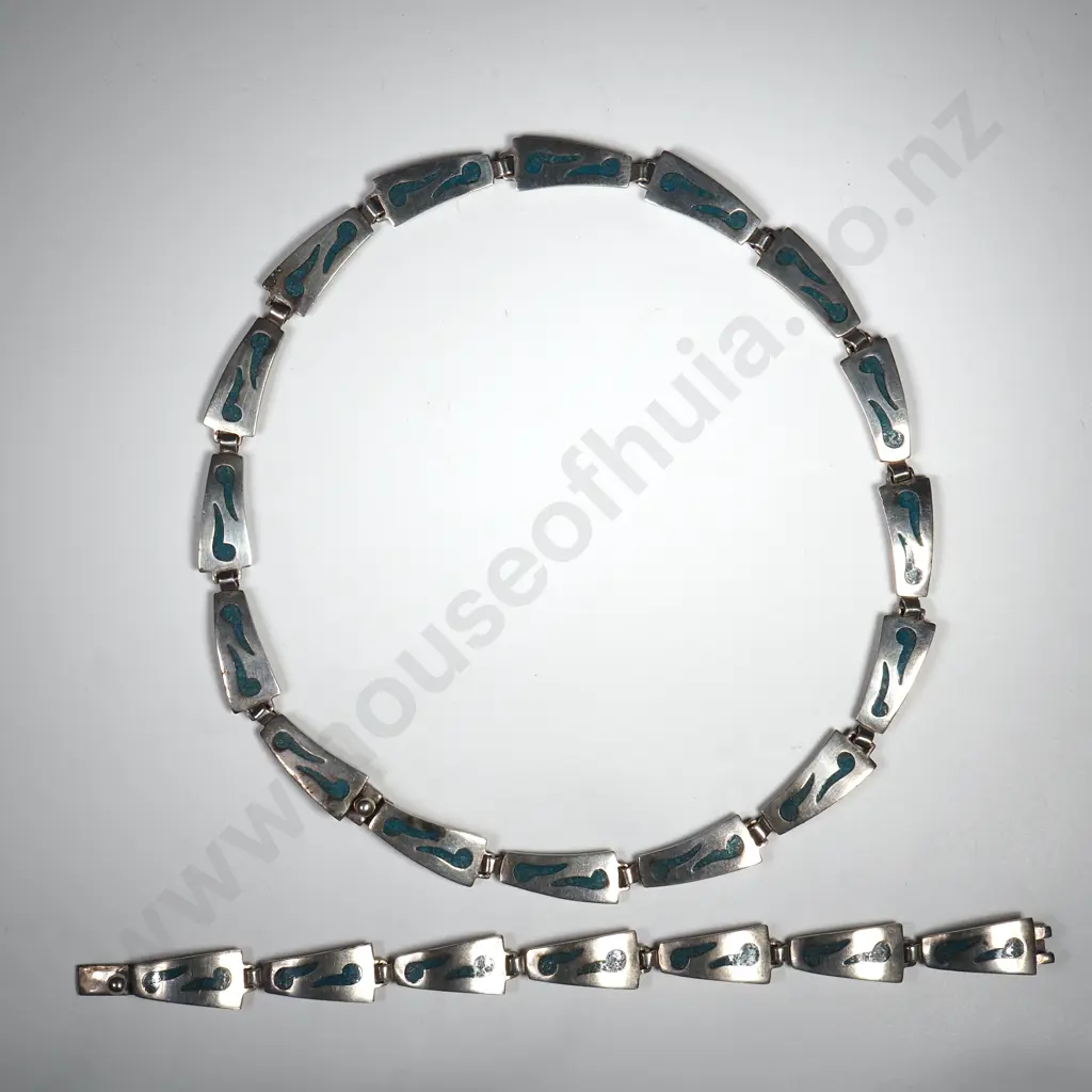 Sterling Silver & Turquoise Taxco Necklace & Matching Bracelet Image 1++
