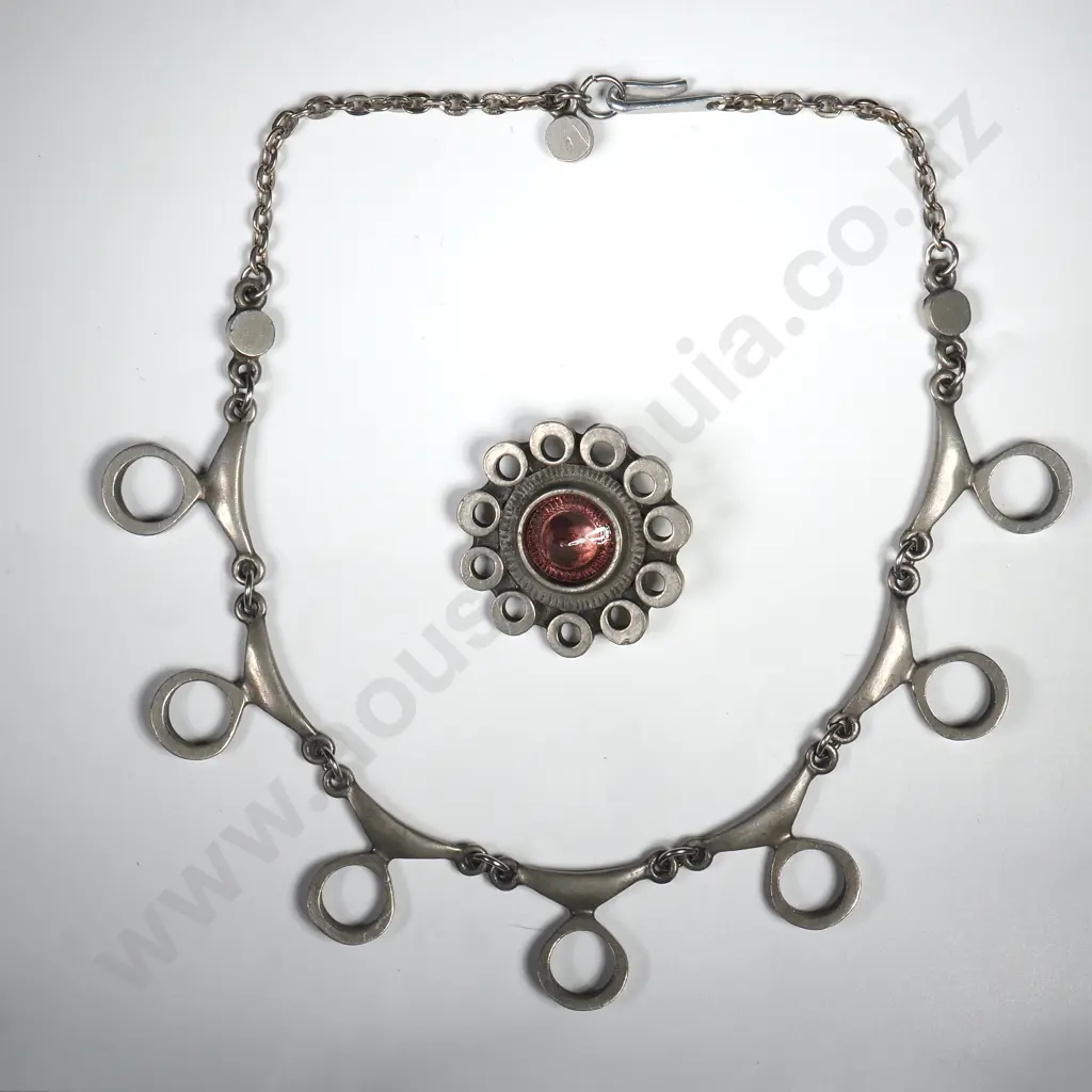 Modernist White Metal Necklace & Brooch Image 1++