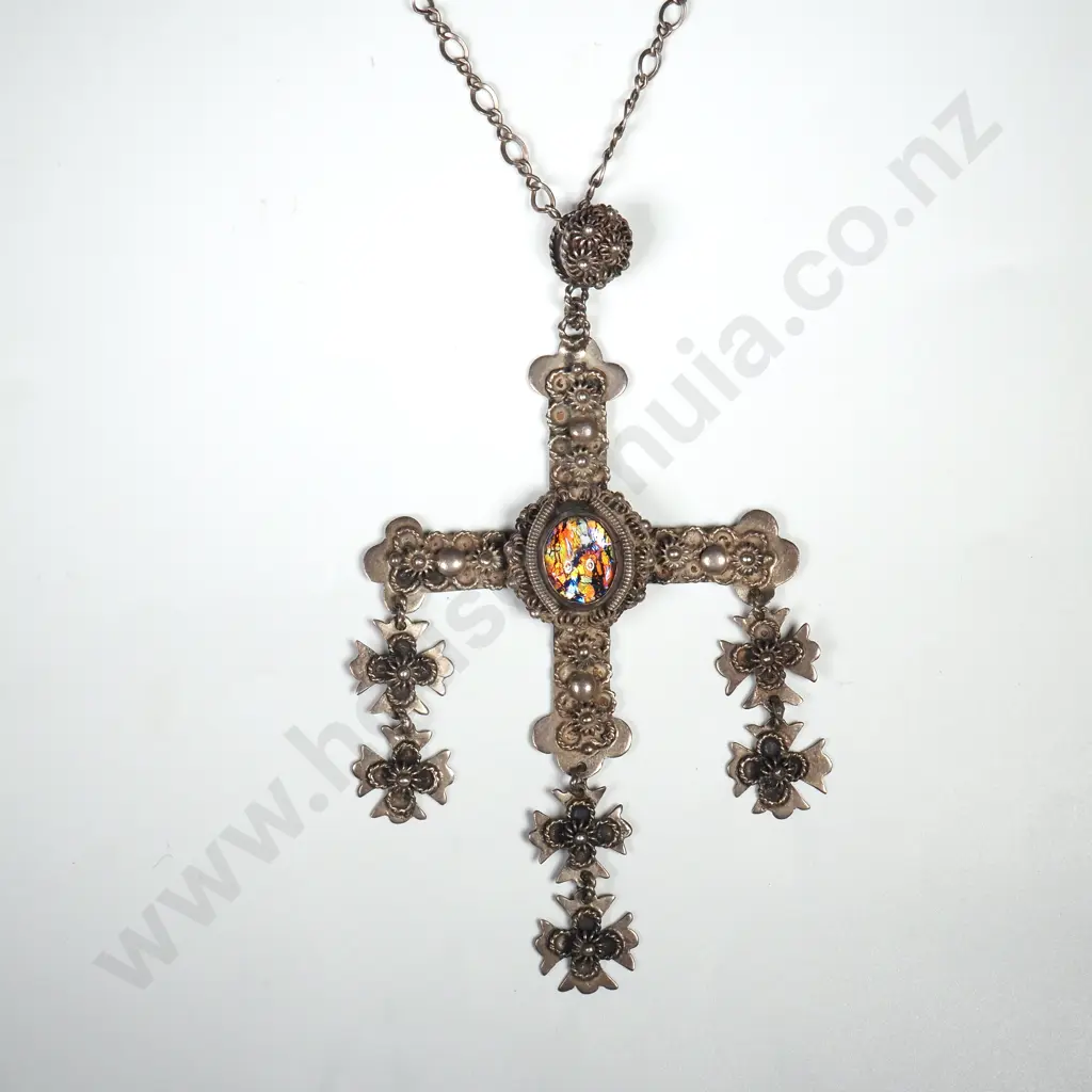 Sterling Silver Fancy Cross on Sterling Chain - Taxco Mexico BCE Image 1++