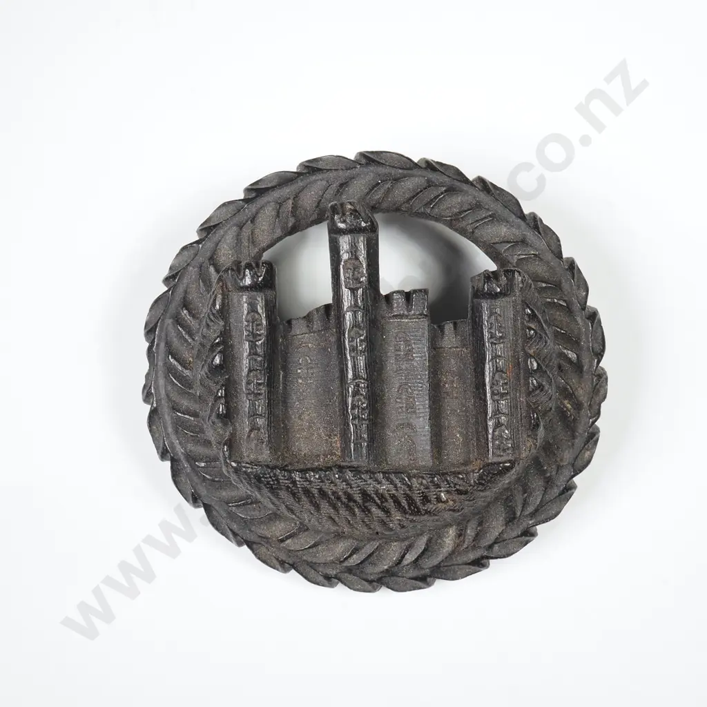 Vintage Carved Bog Oak Castle Brooch Image 1++