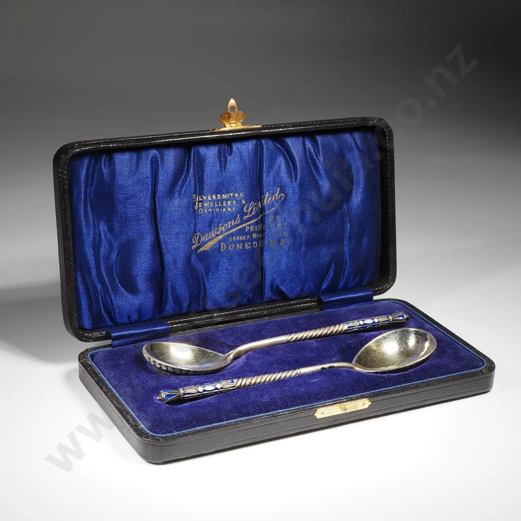 Exceptional Pair Imperial Russian Solid 84 Silver Cloisonne Enamel Spoons, BA (Vasily Agafonov), Moscow Image 1++