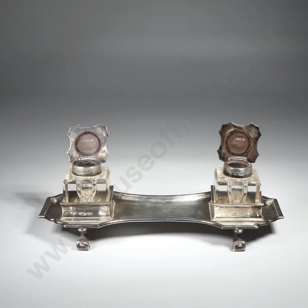 Sterling Silver Double Inkwell On Four Scroll Feet & Waisted Tray. Sheffield 1905 Image 1++