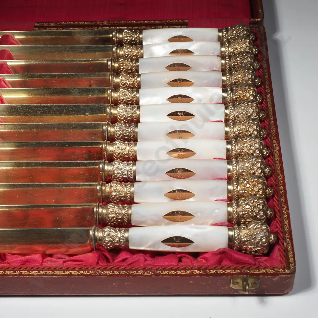 Cased Set of 12 French Silver Gilt Knives w Mother of Pearl Handles w box Image 1++