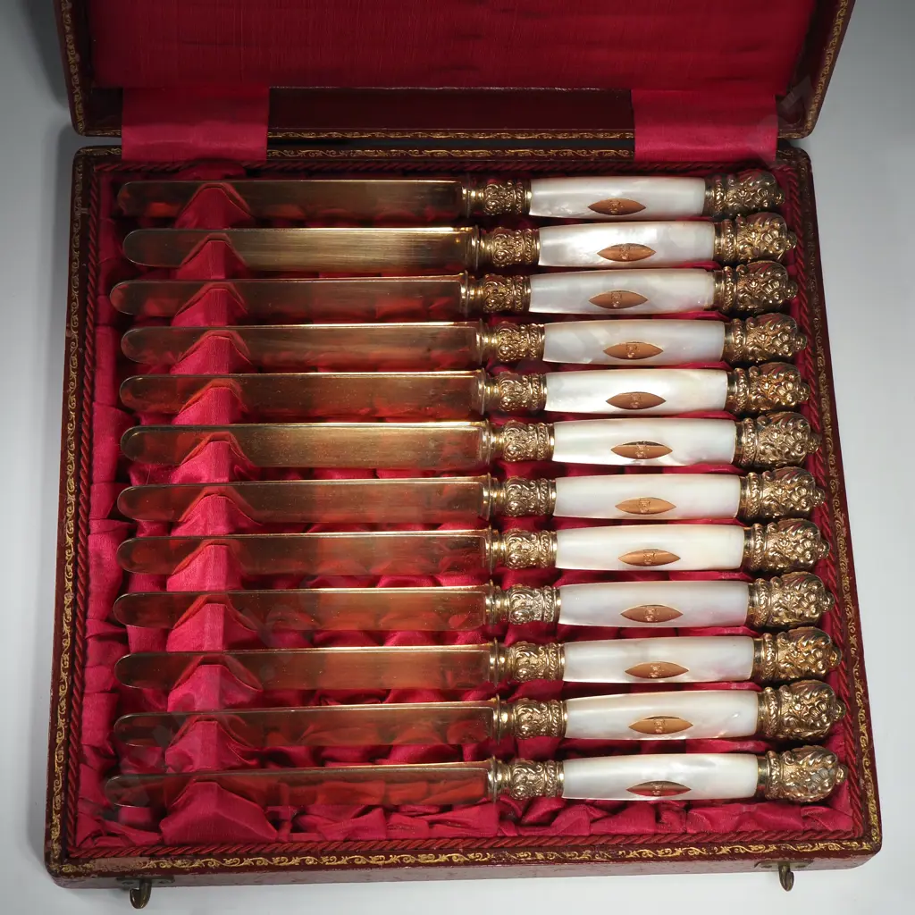 Cased Set of 12 French Silver Gilt Knives w Mother of Pearl Handles w box Image 1++