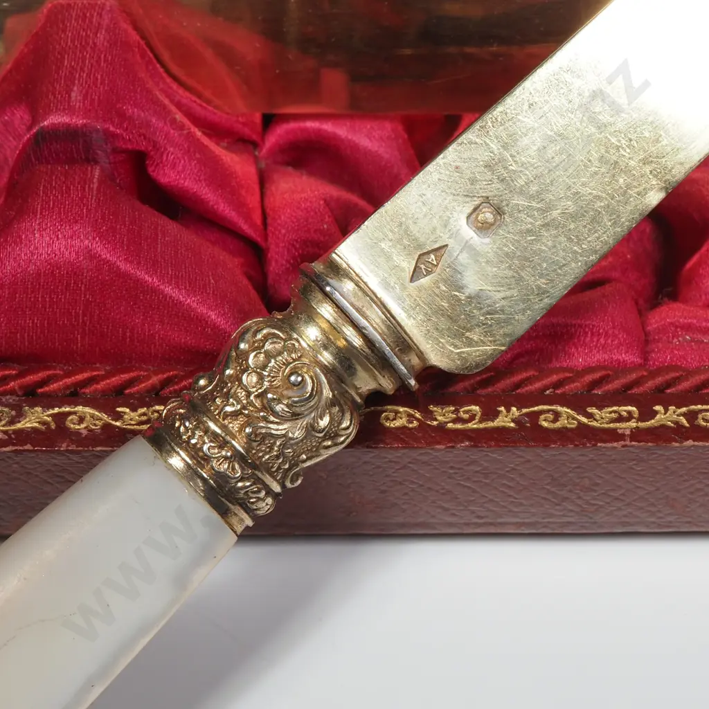 Cased Set of 12 French Silver Gilt Knives w Mother of Pearl Handles w box Image 1++