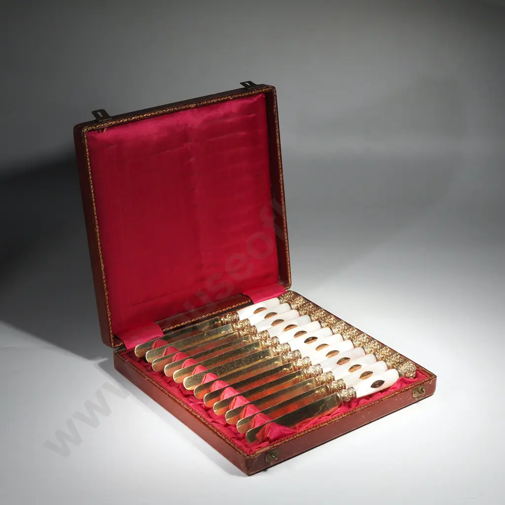 Cased Set of 12 French Silver Gilt Knives w Mother of Pearl Handles w box Image 1++
