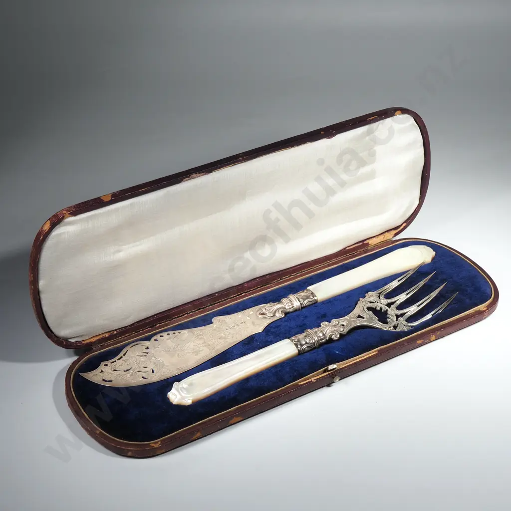 Substantial Cased Sterling Silver Fish Servers w Elaborate Engraving of Sailing Ship & Neptune Carrying Fish & Net Image 1++