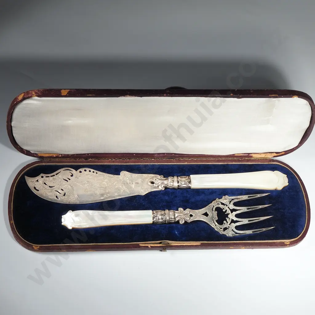 Substantial Cased Sterling Silver Fish Servers w Elaborate Engraving of Sailing Ship & Neptune Carrying Fish & Net Image 1++