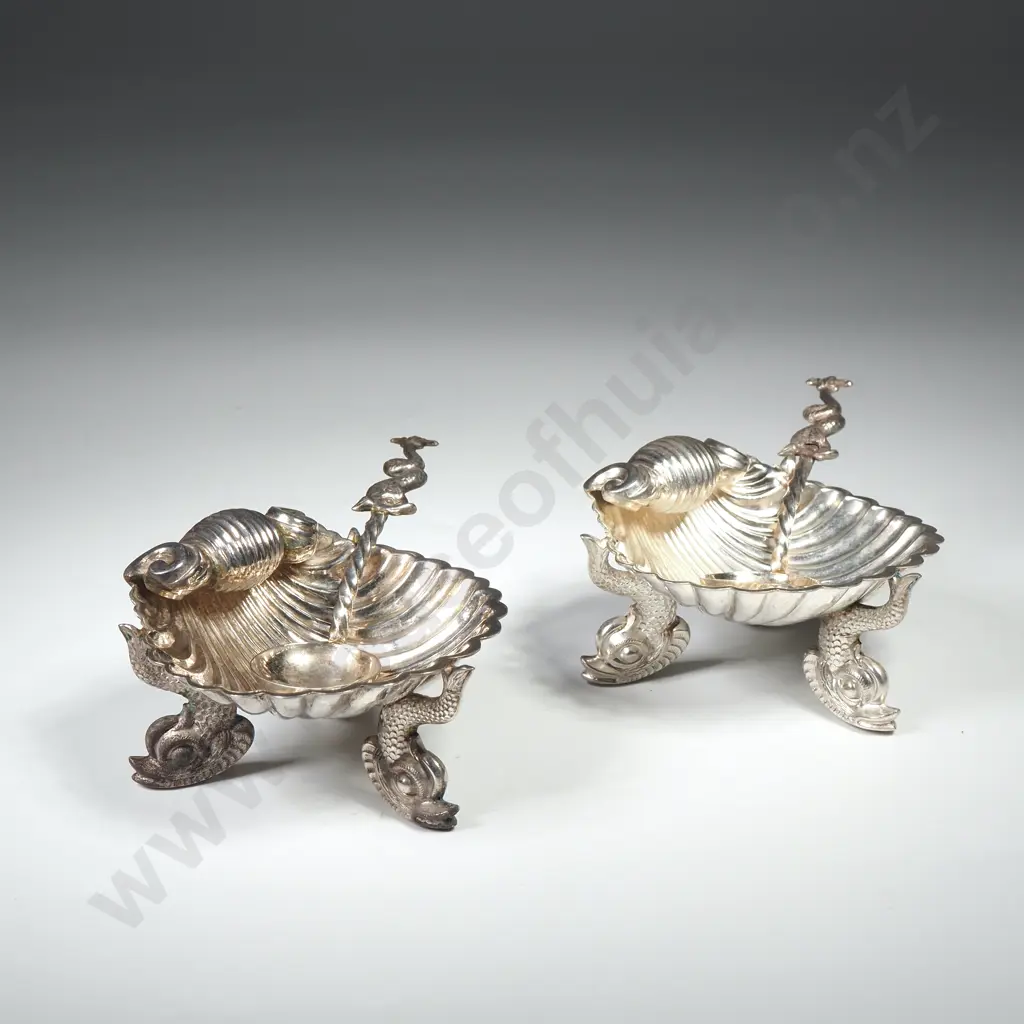 Pair of Sterling Silver Open Salts w Matching Spoons Birmingham 1893 - Hilliard & Thomason 61.6 Grams Image 1++