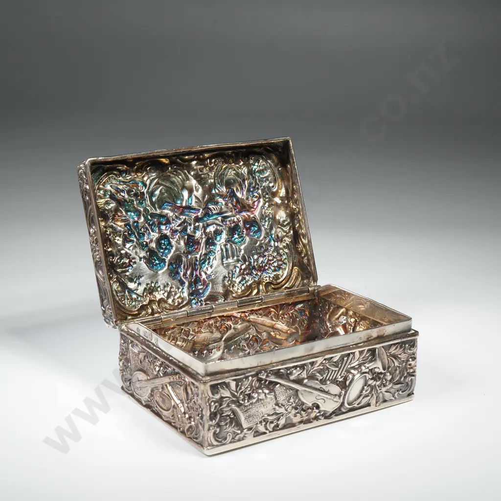 Small Sterling Silver  Rectangular Box with Highly Embossed Decoration Featuring Musicians Image 1++