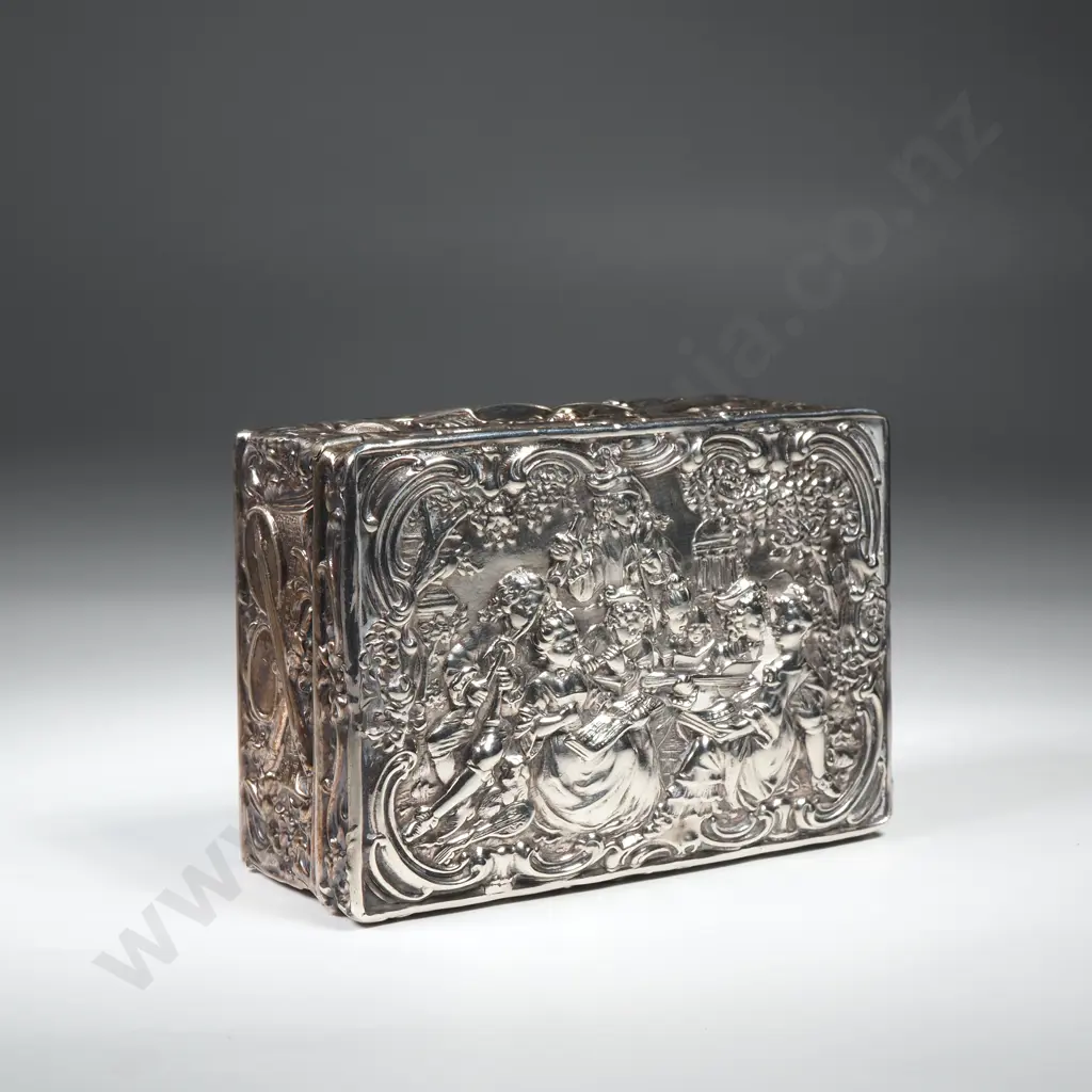 Small Sterling Silver  Rectangular Box with Highly Embossed Decoration Featuring Musicians Image 1++