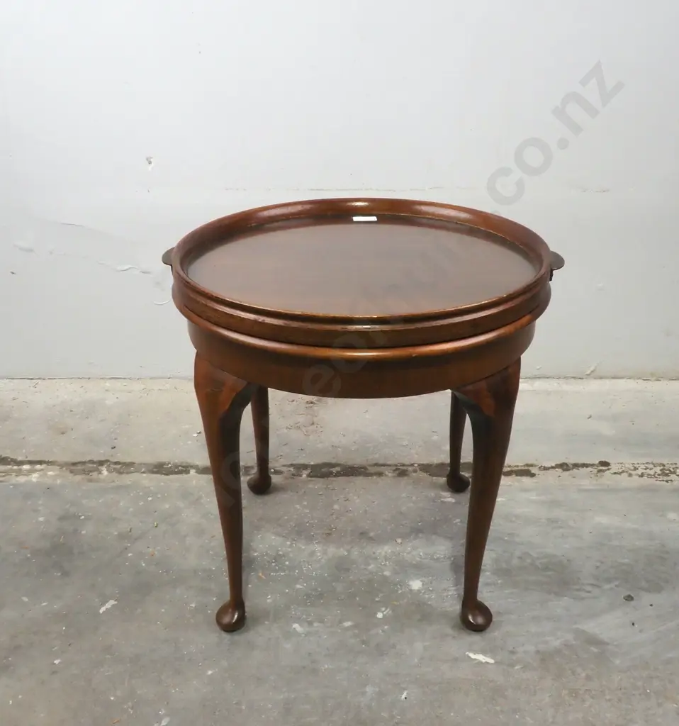 Vintage Mahogany Circular Tray Top Side Table on Cabriole Legs w Unusual Brass Handled Glass Tray Image 1++