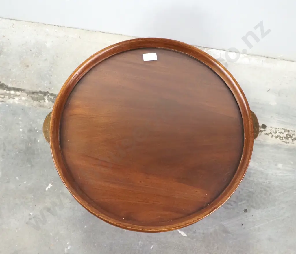 Vintage Mahogany Circular Tray Top Side Table on Cabriole Legs w Unusual Brass Handled Glass Tray Image 1++