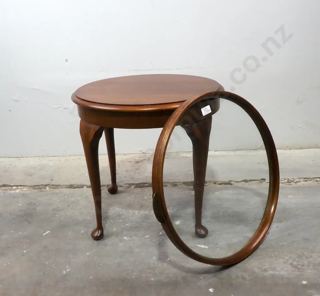 Vintage Mahogany Circular Tray Top Side Table on Cabriole Legs w Unusual Brass Handled Glass Tray Image 1++