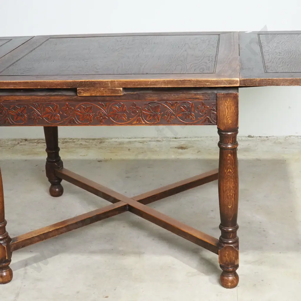 Jacobean Revival Style Oak Extension Dining Table with Carved Frieze & Cross Stretcher Base Image 1++