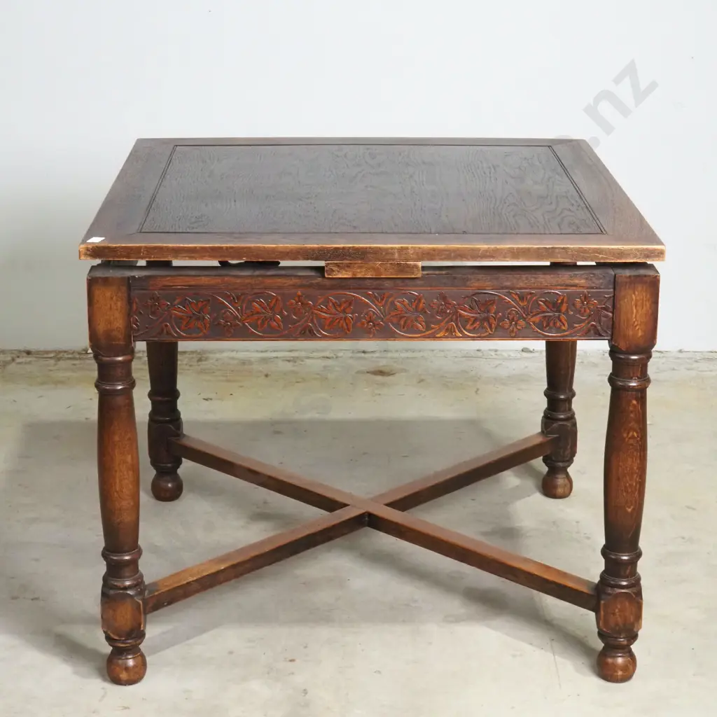 Jacobean Revival Style Oak Extension Dining Table with Carved Frieze & Cross Stretcher Base Image 1++