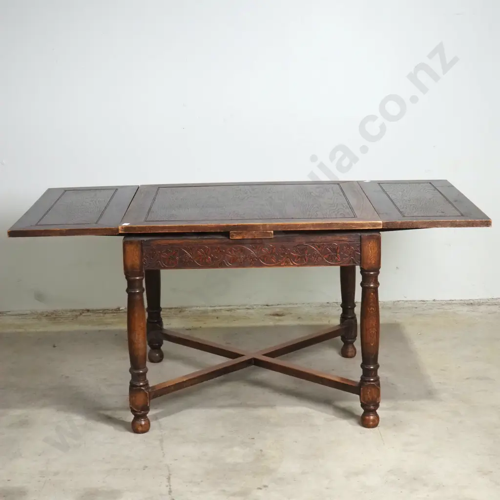 Jacobean Revival Style Oak Extension Dining Table with Carved Frieze & Cross Stretcher Base Image 1++