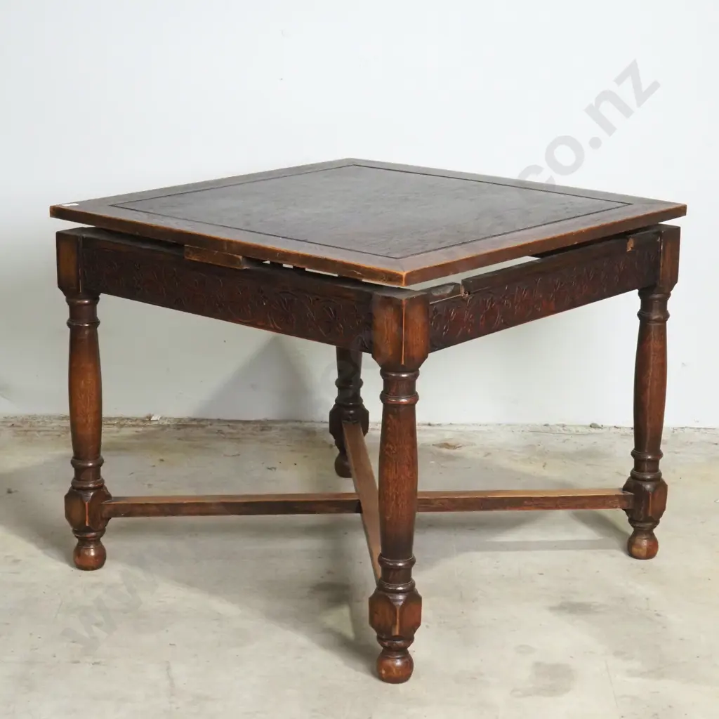 Jacobean Revival Style Oak Extension Dining Table with Carved Frieze & Cross Stretcher Base Image 1++