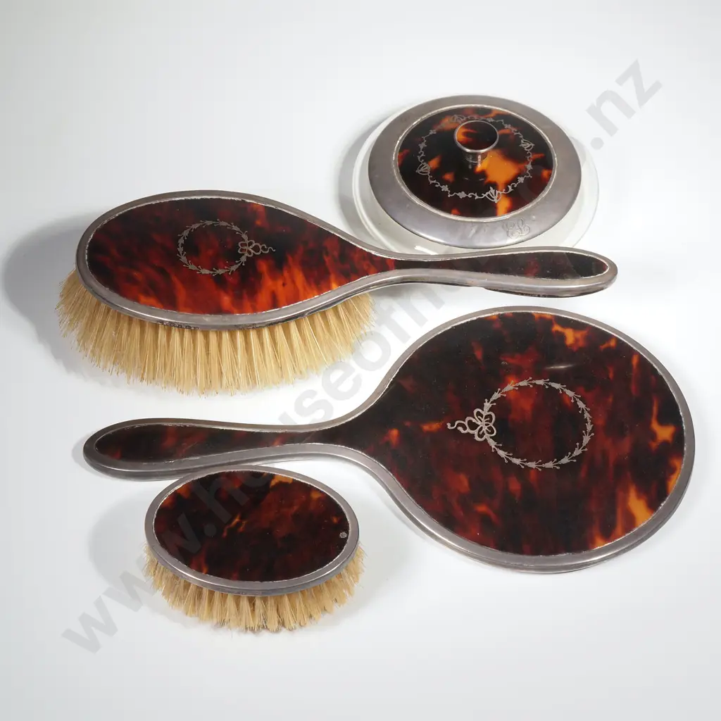 Exceptional Antique Sterling Silver & Tortoiseshell Dressing Set w Powder Jar / Comb / Brush / Mirror Image 1++