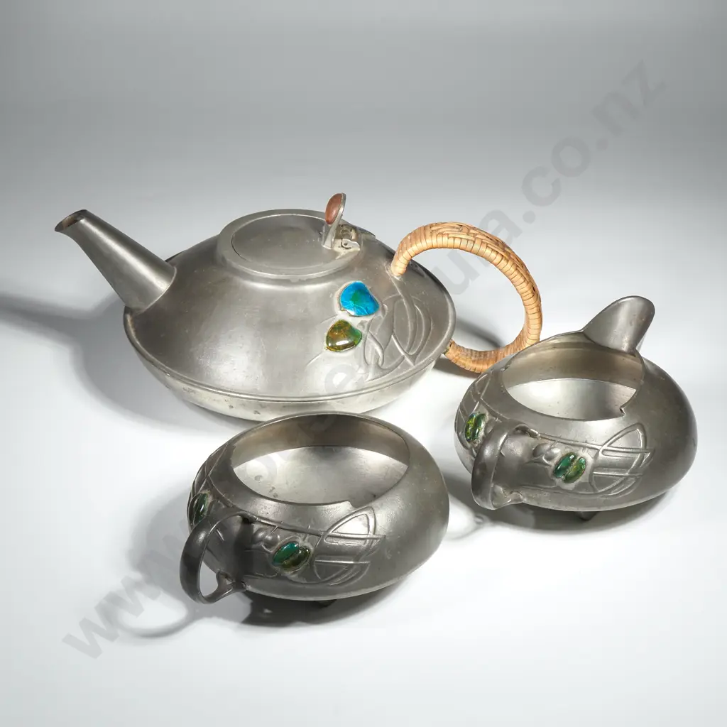Archibald Knox for Liberty & Co. Tudric Pewter & Enamel 0231 Tea Set - Teapot, Sugar Bowl, Creamer Image 1++