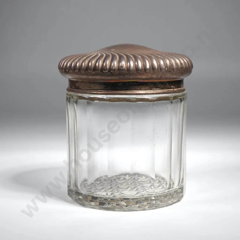 Sterling Silver  & Glass  Topped Toilet Jar With Fluted Swirl Decoration To Lid.  Image 1++