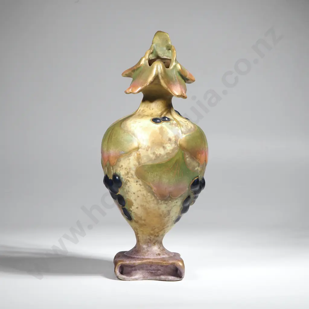 Vintage Art Nouveau Style Amphora Jug Vase Featuring a Ginkgo Tree Motif Image 1++