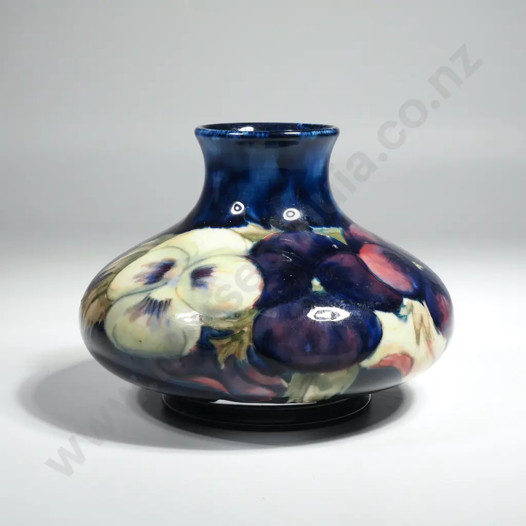 Moorcroft Squat Vase Decorated With Pansies & With Green Signature To Base.  Image 1++