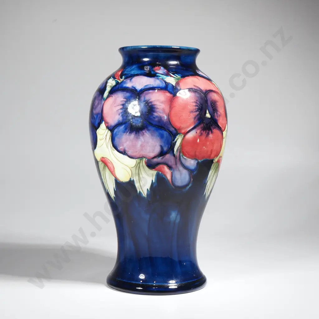 Moorcroft Baluster Shaped Pansy Pattern Vase w Green Signature & Impressed Mark Image 1++
