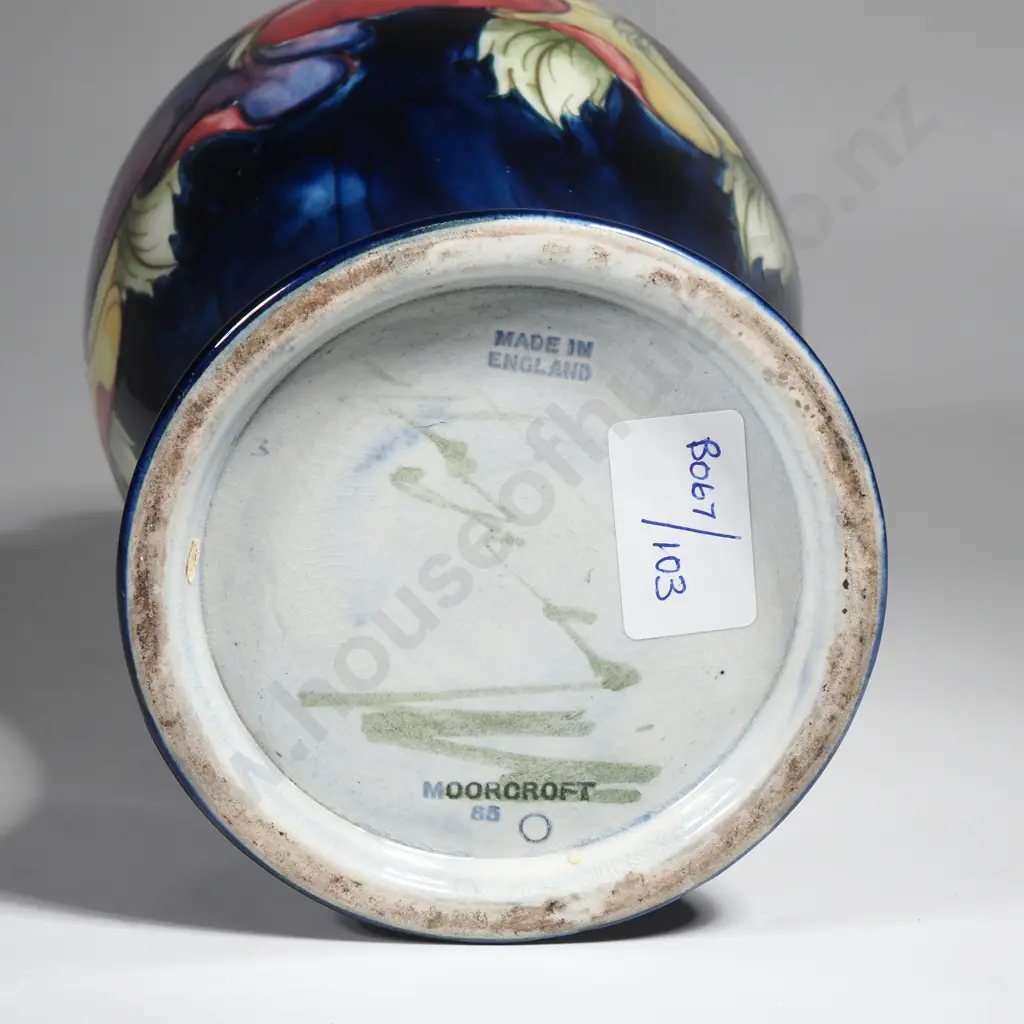 Moorcroft Baluster Shaped Pansy Pattern Vase w Green Signature & Impressed Mark Image 1++